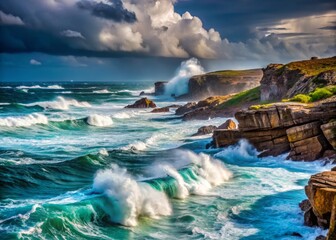Fototapeta premium whipping windstorm fierce gusts rugged coastlines energetic dynamic raw natural elemental sea ocean spray rugged rocky shores misty atmospheric intense turquoise cyan blue overcast