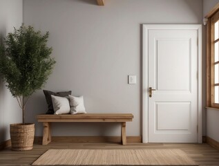 Minimalist Entryway with Wooden Bench and Plant