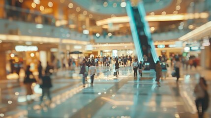 Obraz premium Blurry View of People Shopping in a Modern Mall