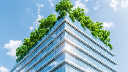 A building with a green roof and a clear blue sky. The building is tall and has a modern design. The green roof is a unique feature that adds a touch of nature to the urban landscape