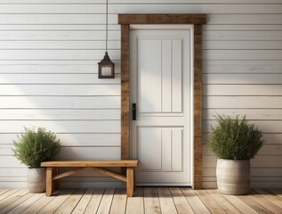 Rustic Wooden Bench and White Door with Potted Plants