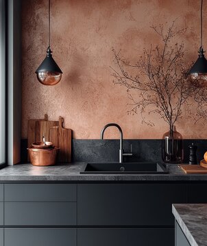 Minimalist grey and terracotta kitchen with open shelves and modern design