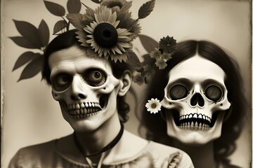Collage art featuring flowers, zombie, skulls, spooky, halloween, eerie, macabre, horror, dark, gothic, surreal, creepy, undead, blossoms, petals, bones, haunted, death, scary, freaky, eerie, ghouls