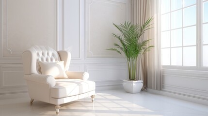 A white chair is sitting in a room with a large window. The room is very clean and bright, with a potted plant in the corner. The chair is positioned in front of the window