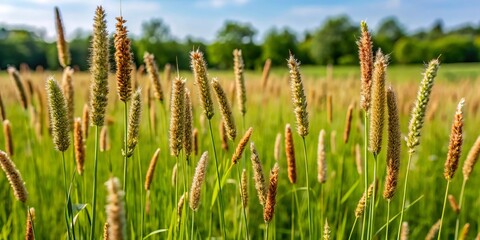 Fototapeta premium In a sun-kissed field, a patch of wild barnyardgrass sways gently, its green blades rippling like a wave, a snapshot of untamed beauty.