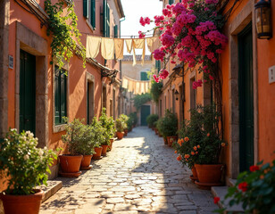 Naklejka premium Charming Italian alleyway with hanging laundry, vibrant plants, warm sunlight, and cobblestone path, space for text.