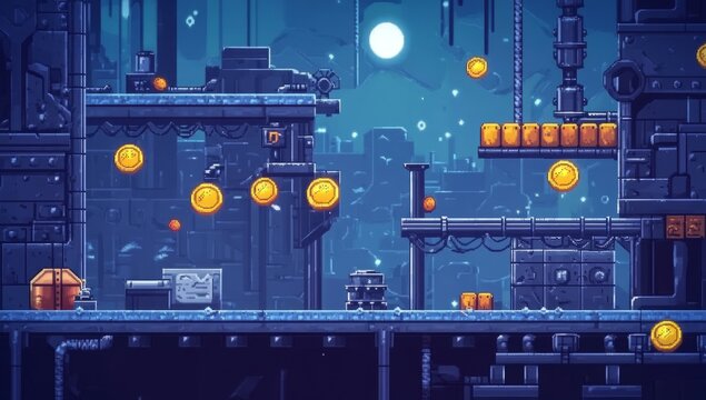  A retro arcade game level map interface with underground factory elements, featuring traps, steel platforms, coins, and golden stars, designed for a console or computer game