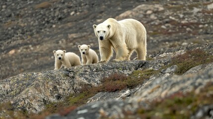 Polar Bear And Her Cubs