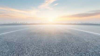 A large empty road with a bright sun in the sky
