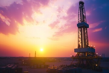 Obraz premium A drilling rig with workers in action, securing the equipment and monitoring the operation. The oil field is vast, with the rig’s