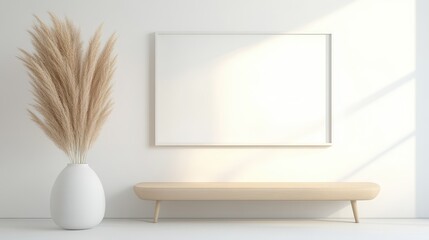 A white vase with brown stems sits on a wooden bench in a room with a white wall