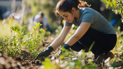 Woman Planting in a Garden on a Sunny Day