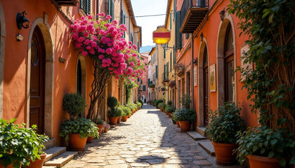 Naklejka premium Charming Italian alleyway with hanging laundry, vibrant plants, warm sunlight, and cobblestone path, space for text.