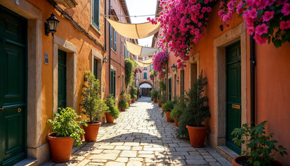 Naklejka premium Charming Italian alleyway with hanging laundry, vibrant plants, warm sunlight, and cobblestone path, space for text.
