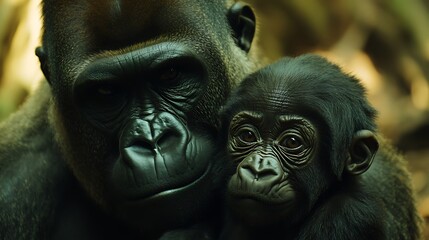 A mother gorilla cradles her baby in her arms, looking at the camera with a thoughtful expression.