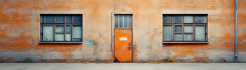 A vibrant orange door against a textured orange wall with windows, showcasing urban design and...