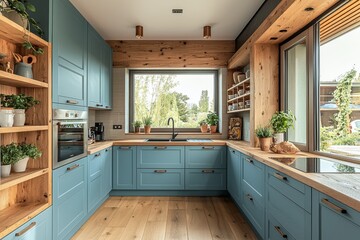 Minimalist kitchen with light blue cabinets and wooden accents in a modern home