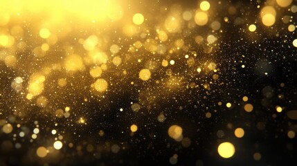 Golden glitter shimmering magic dust particles on black background