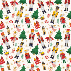 Merry Christmas, New Year seamless pattern set with Ballerina, Mouse King and Nutcracker. Christmas print with three and toys
