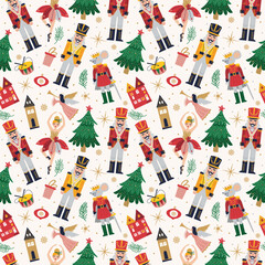 Merry Christmas, New Year seamless pattern set with Ballerina, Mouse King and Nutcracker. Christmas print with three and toys