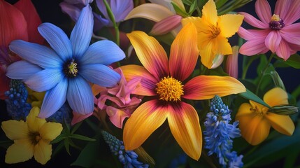 Beautiful, vivid, colorful mixed flower bouquet still life detail