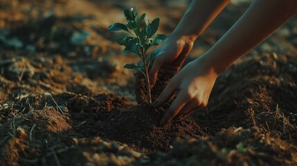 Hands Planting a Sapling in Soil
