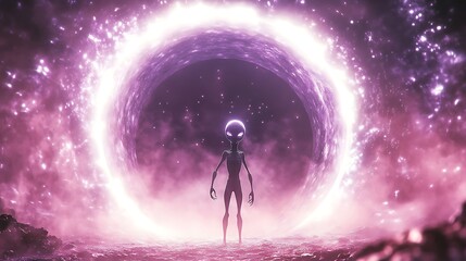 Obraz premium Ethereal Alien Being Standing in Front of Glowing Interdimensional Portal