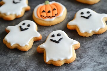 Homemade halloween ghost pumpkin sugar cookies on dark background
