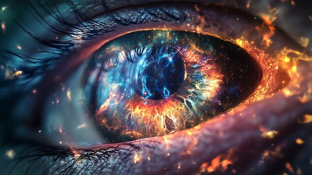Intergalactic Insight: Close-up of Alien Eye with Cosmic Patterns and Glowing Colors