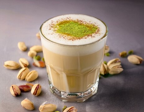 photo of an Pistachio milk latte in a glass. ai generated