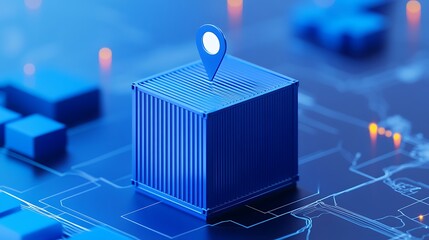 Fototapeta premium Blue cargo container with digital location marker on a futuristic circuit board, representing logistics and technology integration.