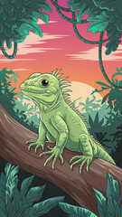 cute baby iguana illustration, sunset, jungle