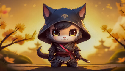 Ninja kitty with sword, cartoon, anime image