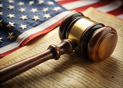 A justice's symbol, the gavel, delicately rests on top of the foundation of democracy, the United States Constitution, in a powerful visual representation.