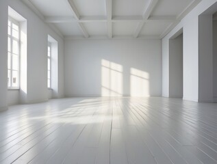 Fototapeta premium Empty White Room with Wooden Floor and Sunlight
