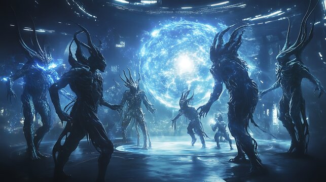 Galactic Council of Alien Beings Studying Holographic Map of Universe.