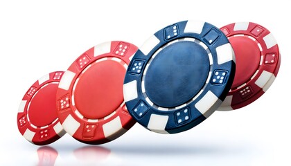 Flying realistic casino chips and gambling tokens in mid-air, representing the excitement and thrill of betting. Casino gaming and gambling concept