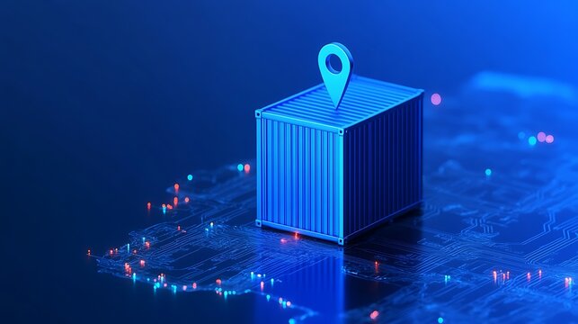 Digital illustration of a shipping container with a location pin symbolizing logistics and global supply chain management.