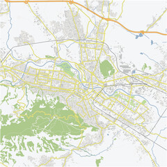 Road map of Skopje in North Macedonia. Contains layered vector with roads water, parks, etc.