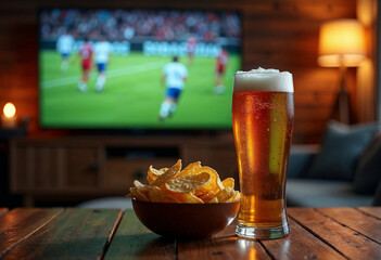 Home scene with burgers, fries, and frosty beer, TV screen showing a football match, warm lighting, and casual vibe.






