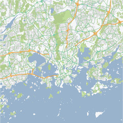 Road map of Helsinki in Finland. Contains layered vector with roads water, parks, etc.