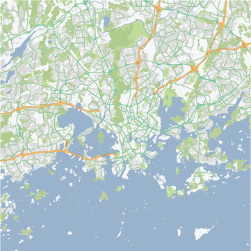 Road map of Helsinki in Finland. Contains layered vector with roads water, parks, etc.