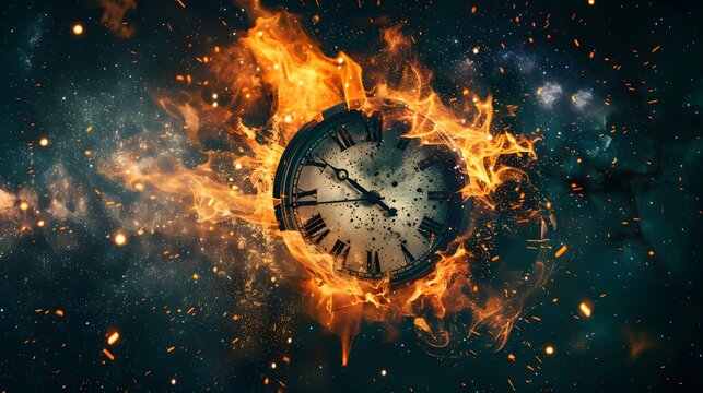 A surreal portrayal of time with a clock exploding and engulfed in flames