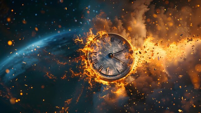 A surreal portrayal of time with a clock exploding and engulfed in flames