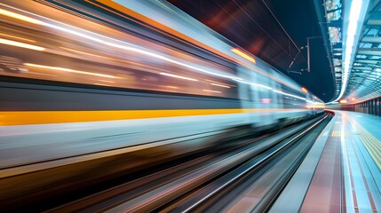 A long exposure shot capturing the dynamic speed of a subway train moving through a brightly lit station