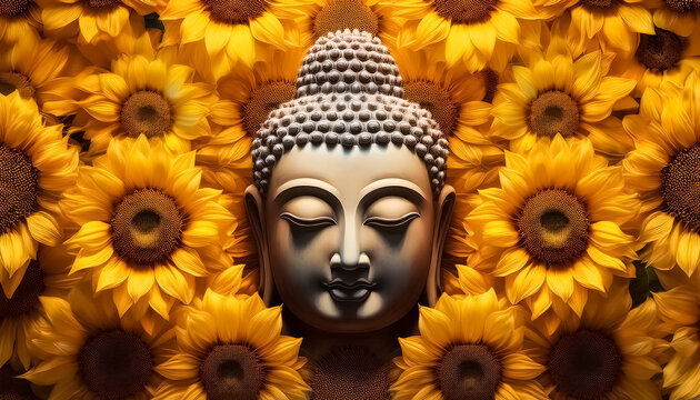 Peaceful Buddha surrounded by sunflowers, abstract watercolor blended image