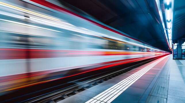 A long exposure shot capturing the dynamic speed of a subway train moving through a brightly lit station