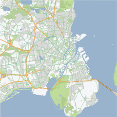 Road map of Copenhagen in Denmark. Contains layered vector with roads water, parks, etc.