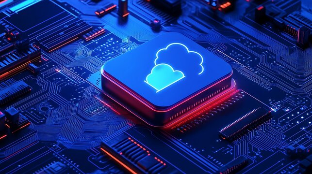 Futuristic circuit board with glowing cloud computing icon. Represents technology, network, and data storage.