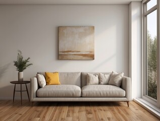 Modern Living Room Interior with Beige Sofa and Abstract Artwork
